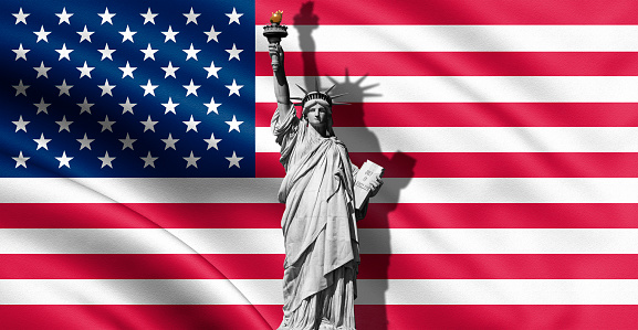 Statue of liberty with Flag of USA background. 3d rendering. â Illustration. Fourth of july independence day of the usa.