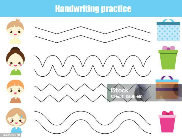 Handwriting Practice Sheet Educational Children Game Printable Worksheet For Kids Tracing Waves Stock Illustration - Download Image Now