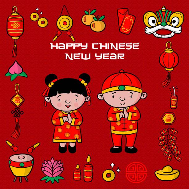 happy chinese new year greeting card chinese new year with cartoon vector, illustration, poster or banner design, chinese font is mean lucrative chinese lampion stock illustrations