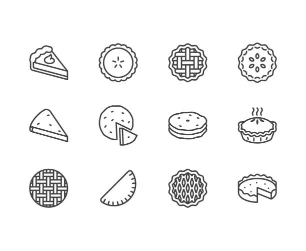 Vector illustration of Pie flat line icons set. Ossetian, cherry, apple, pumpkin pies, casserole, pita vector illustrations. Thin signs for bakery. Pixel perfect 64x64. Editable Strokes