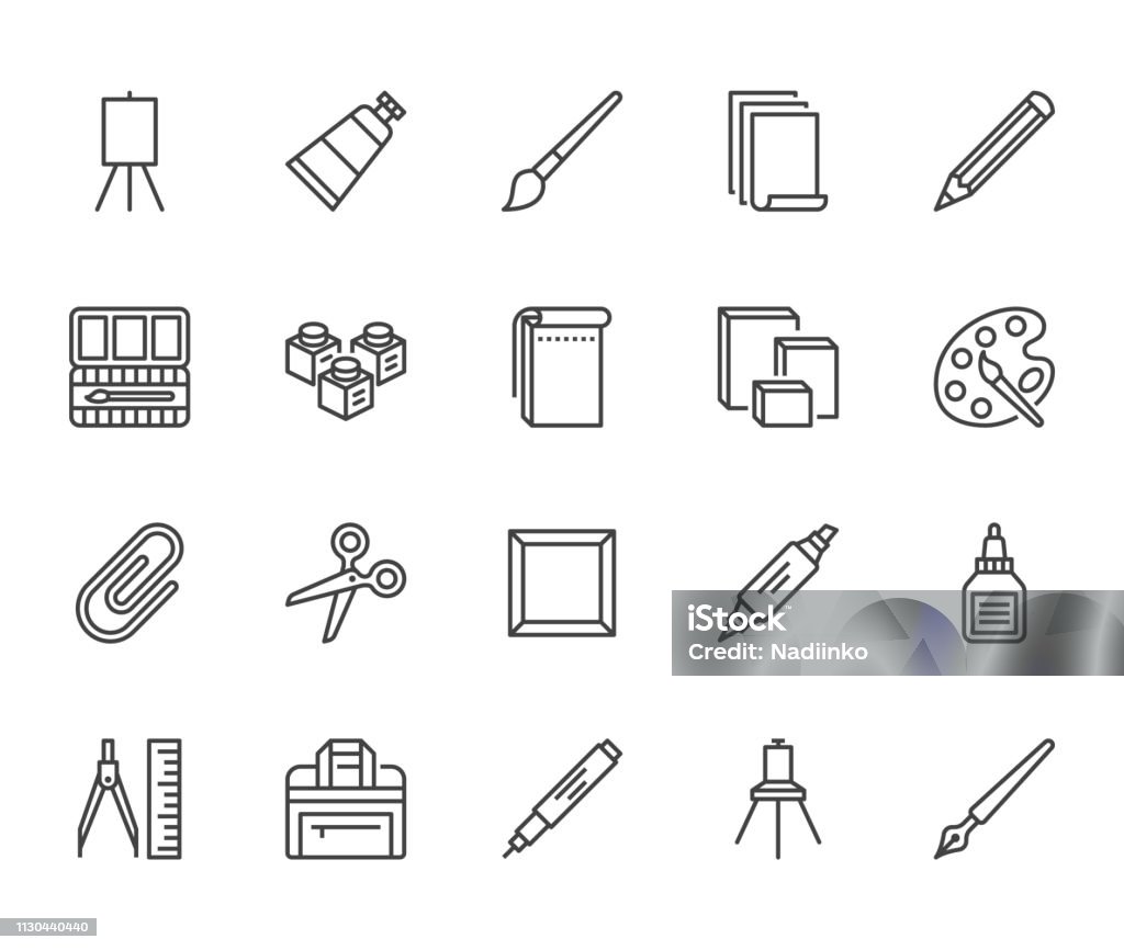 Art supplies flat line icons set. Oil paints, watercolor, drawing paper, sketchbook, pallette, stationery vector illustrations. Thin signs for artistic store. Pixel perfect 64x64. Editable Strokes Art supplies flat line icons set. Oil paints, watercolor, drawing paper, sketchbook, pallette, stationery vector illustrations. Thin signs for artistic store. Pixel perfect 64x64. Editable Strokes. Icon Symbol stock vector