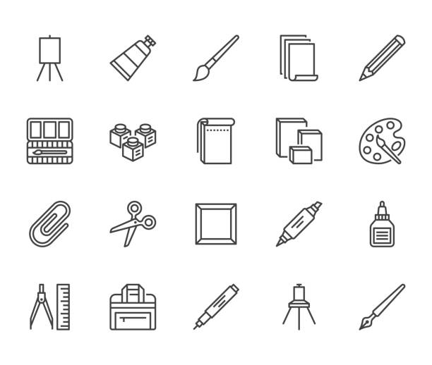 Art supplies flat line icons set. Oil paints, watercolor, drawing paper, sketchbook, pallette, stationery vector illustrations. Thin signs for artistic store. Pixel perfect 64x64. Editable Strokes Art supplies flat line icons set. Oil paints, watercolor, drawing paper, sketchbook, pallette, stationery vector illustrations. Thin signs for artistic store. Pixel perfect 64x64. Editable Strokes. arts symbols stock illustrations