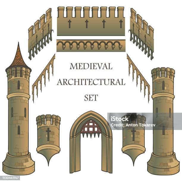 Set Of The Medieval Castle Architectural Elements Defencive Structures Towers Battlements Gates Designers Kit Stock Illustration - Download Image Now