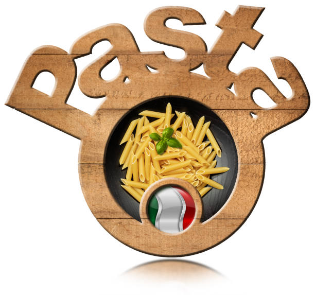 Round and wooden symbol with the Italian Pasta called Penne and flag in a bowl. Isolated on white background