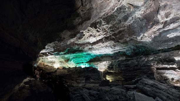 interior of the cueva de los verdes in lanzarote. interior lighting of the cave. canary island - lanzarote canary islands volcano green imagens e fotografias de stock