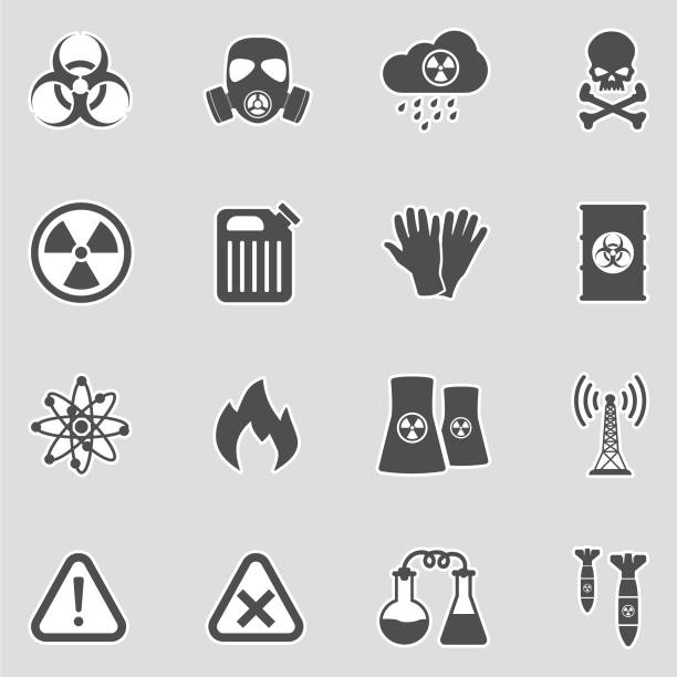ilustrações, clipart, desenhos animados e ícones de ícones de risco biológico. adesivo design. ilustração em vetor. - environment risk nuclear power station technology