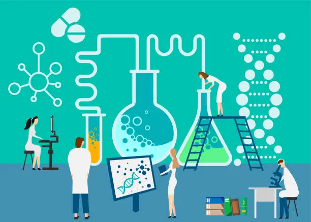 Vector illustration of Working at research laboratorium. Vector illustration. eps