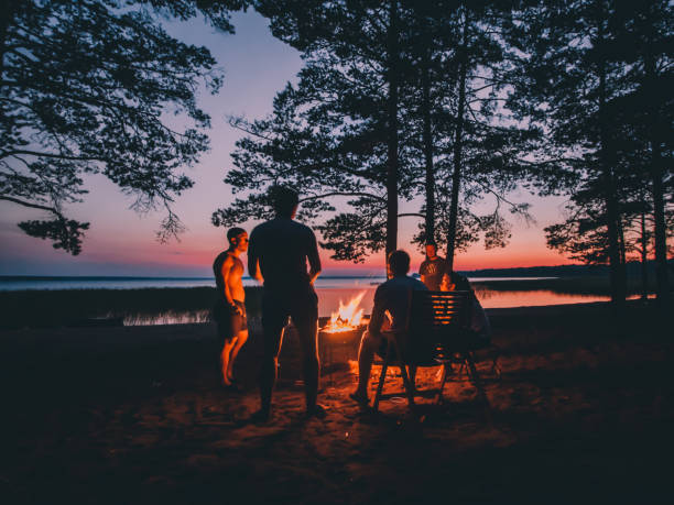 gruppo di giovani amici felici seduti accanto al fuoco sulla spiaggia estiva, grigliando salsicce, parlando e divertendosi - friendship camping night campfire foto e immagini stock