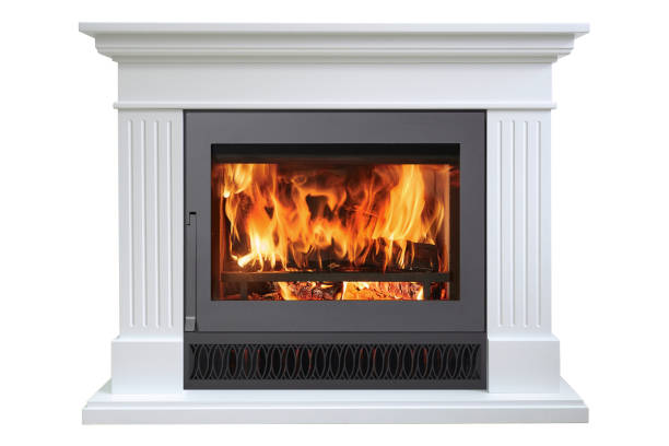 istock Burning classic fireplace of white marble, isolated on white 1130448874