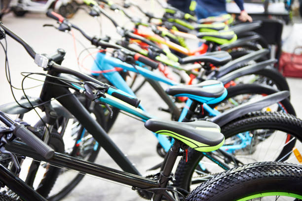 Row modern mountain bikes in sports shop