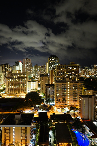 Photo taken on the top floor of the Waikiki Townhouse. Long exposure, cloudy night and beautiful lights over Waikiki's tallest buildings and downtown area.