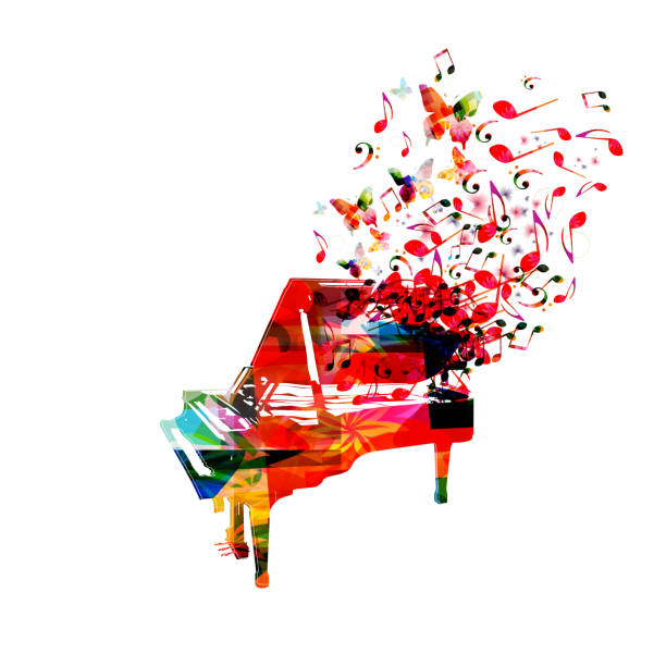 ilustraciones, imágenes clip art, dibujos animados e iconos de stock de piano colorido con notas musicales - piano