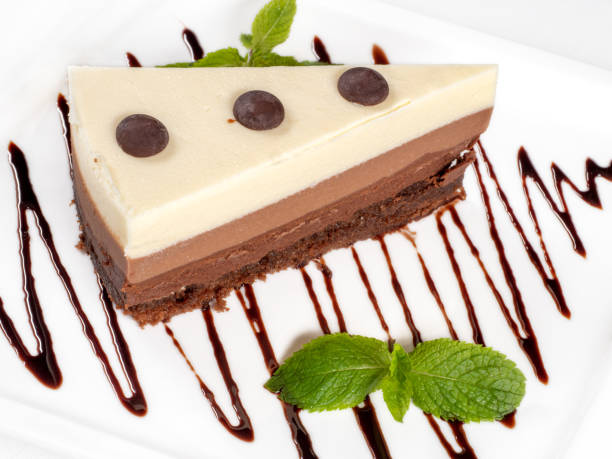 istock Piece of chocolate striped cake on a white plate. 1130453761
