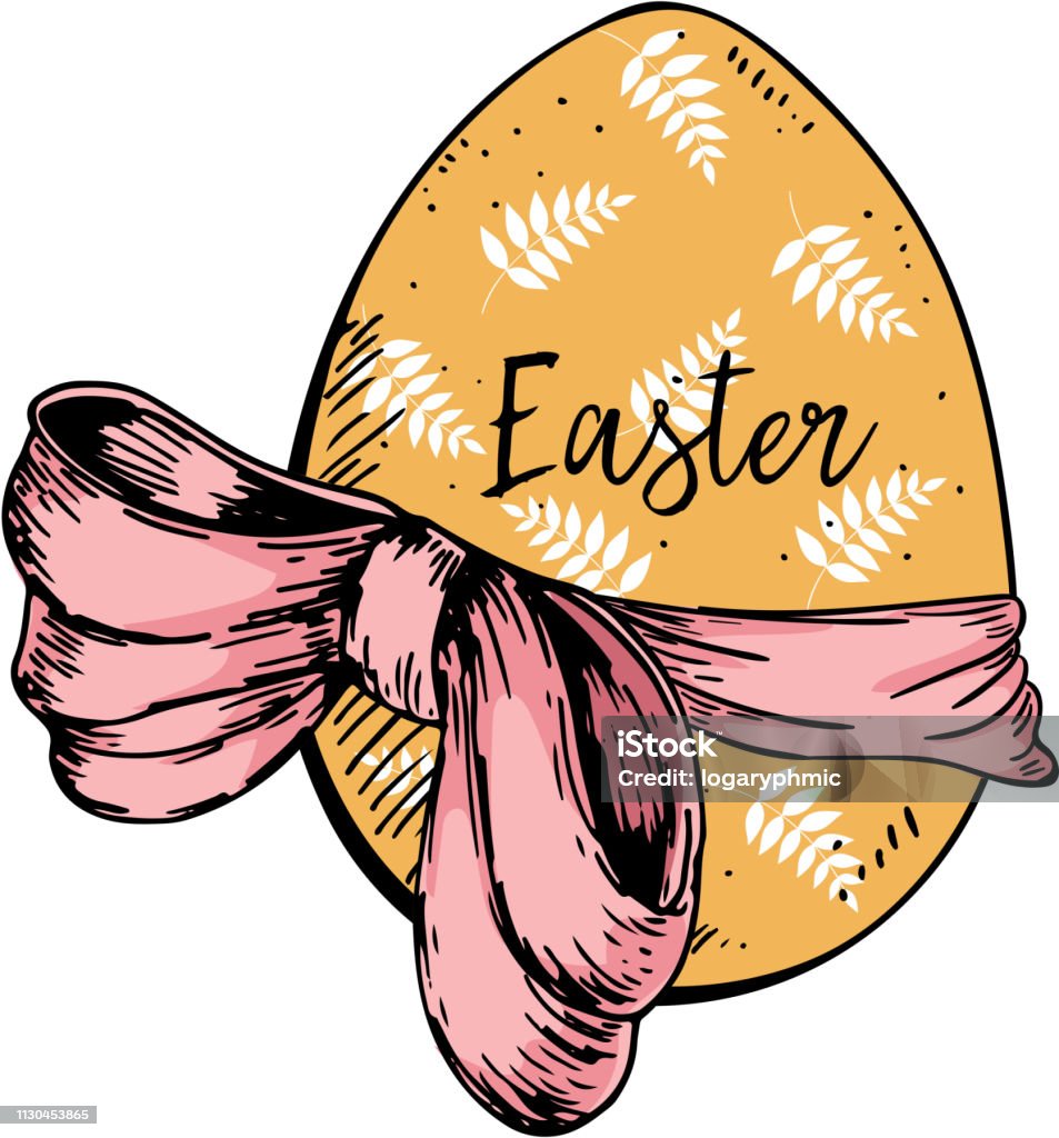 Easter greeting card. Hand drawn vector banner. Sketched yellow egg wrapper with pink tie bow. Simple branch pattern. Vintage engraved spring holiday decoration. Traditional retro icon set. Easter greeting card. Hand drawn vector banner. Sketched yellow egg wrapper with pink tie bow. Simple branch pattern. Vintage engraved spring holiday decoration. Traditional retro icon set Abstract stock vector