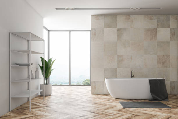 istock Loft beige bathroom with shelves 1130453900