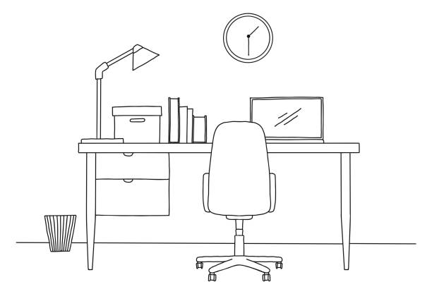 naszkicuj miejsce pracy przed komputerem. ilustracja wektorowa - outline desk computer office stock illustrations