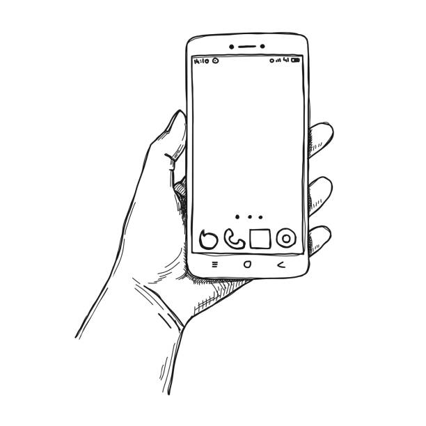 ilustraciones, imágenes clip art, dibujos animados e iconos de stock de esbozo de las manos con el teléfono aislado sobre fondo blanco. ilustración de vector. - teléfono móvil ilustraciones