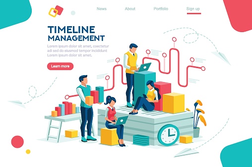 Document management, team thinking, brainstorming analytics information about company. Clock always at office. Around infographic flying presentation history timeline concept. Flat isometric character