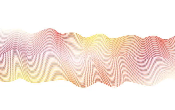 Vector illustration of Many-colored wave pattern. Red, orange, yellow squiggle, waving curves. Futuristic line art design element. Glowing flowing rhythmic waves, ribbon, silk scarf imitation. White background. Vector dynamic waveform. EPS10 illustration