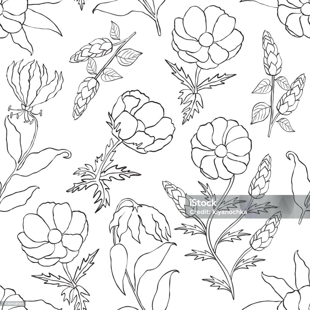 floral seamless pattern Seamless pattern with hand drawn flowers on white background.Coloring pages. Abstract stock vector