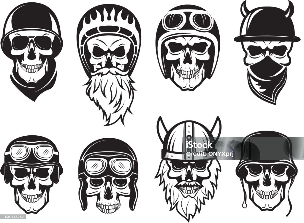 Skull bandana helmet. Bikers rock symbols tattoo vector black pictures Skull bandana helmet. Bikers rock symbols tattoo vector black pictures. Illustration of rock biker skull, set of tattoo vintage drawing Skull stock vector