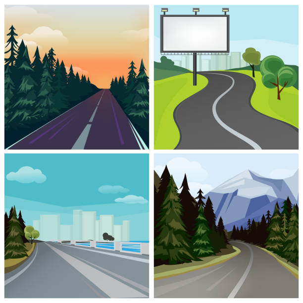 ilustrações, clipart, desenhos animados e ícones de estrada para a cidade. fora da estrada rua cênica diferentes tipos de paisagem de vetor de estrada de cidade - nature street rural scene outdoors