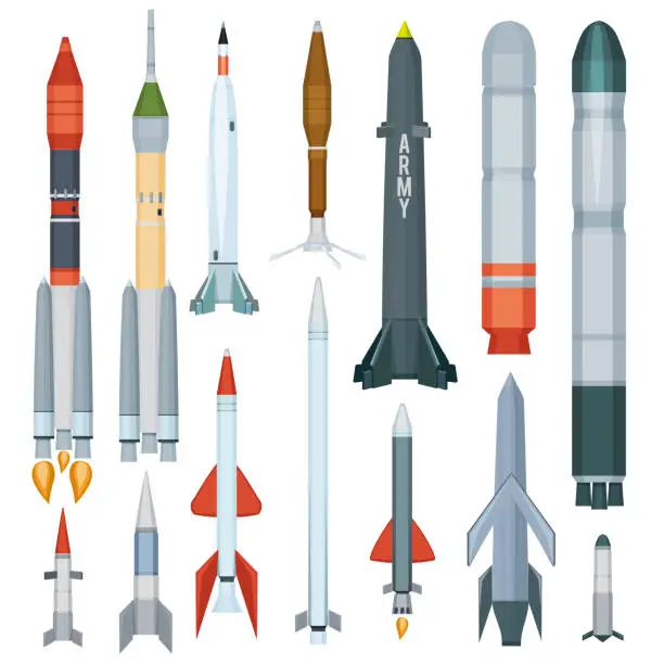 Vector illustration of Army missile. Flight armour propeller rocket engine weapon military technology war vector collection