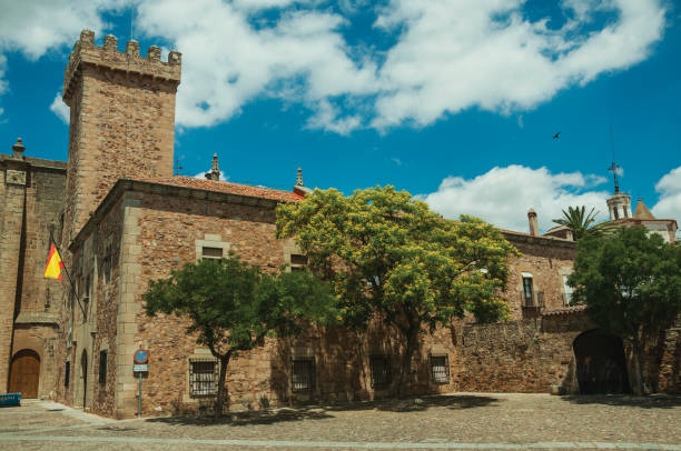 istock Old building and flowered tree in front of cobblestone square at Caceres 1130460220
