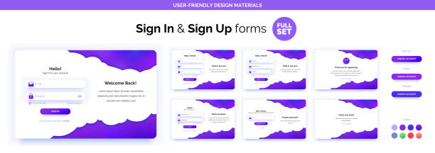набор регистрации и регистрации в формах. фиолетовый градиент. - web page internet profile e mail stock illustrations