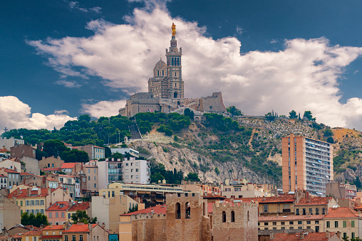 Marseille town and Basilique Notre dame de la garde. Famous tourist attraction in southern France.