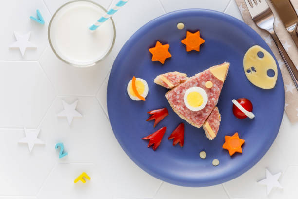 Rocket shaped sandwich with salami for kids stock photo