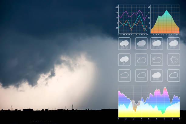 istock Weather forecast symbol data presentation with graph and chart on tropical storm background. Dramatic atmosphere panorama view of storm clouds and heavy rain storm on twilight tropical sky. 1130463961