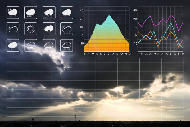 istock Weather forecast symbol data presentation with graph and chart on sunset storm cloud evening background. 1130464718