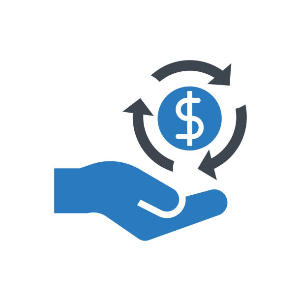 Hand holding money - dollar in arrow symbol - blue Hand holding money - dollar in arrow symbol - blue bank financial building silhouettes stock illustrations