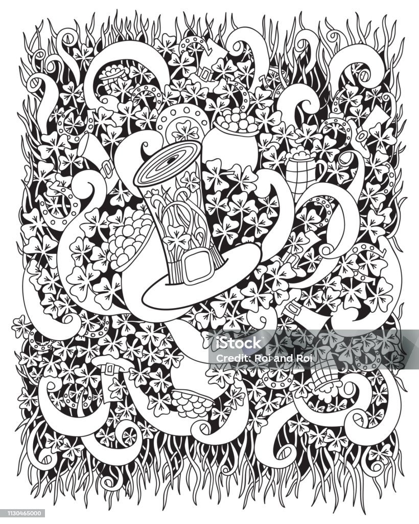 St. Patrick 's Day coloring book page for adults. Vector cartoon hand drawn illustration with pot of gold coin, clover, leprechaun hat and horseshoe isolated on a white background. St. Patrick 's Day coloring book page vector illustration. Coloring Book Page - Illlustration Technique stock vector