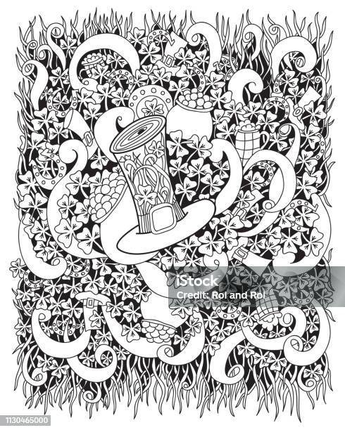 St Patrick S Day Coloring Book Page For Adults Vector Cartoon Hand Drawn Illustration With Pot Of Gold Coin Clover Leprechaun Hat And Horseshoe Isolated On A White Background Stock Illustration - Download Image Now