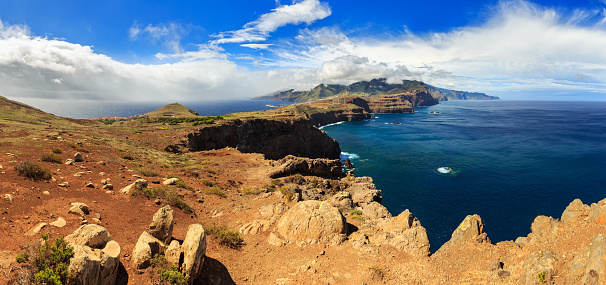 Beautiful 180 degree panoramic landscape panorama of the island Madeira from Ponta do Rosto at the Ponta de Sao Lourenco nature reserve