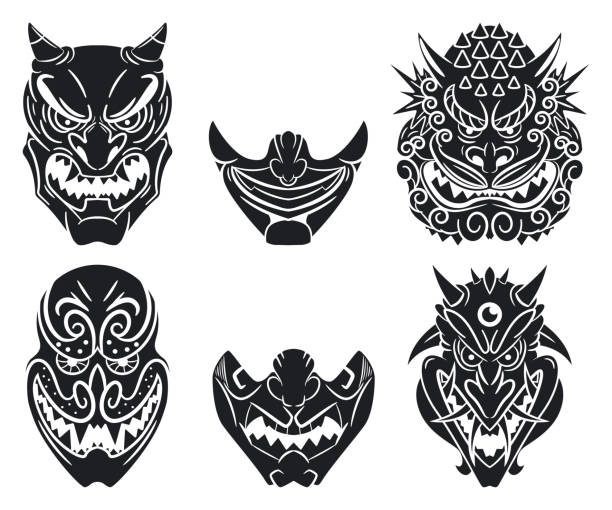 Oni and kabuki traditional japanese masks with demon face. Vector cartoon set isolated on a white background. Oni and kabuki masks vector cartoon set. hannya stock illustrations