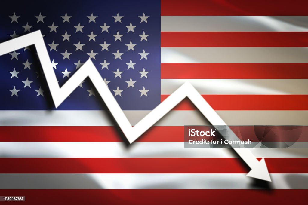 White arrow fall down on the background of the waving flag of USA (United States America) Fun with flags Economy Stock Photo