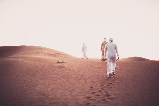 Brotherhood, Friends, Arabs, Dubai - Arab Friends Walking up on the Sand Dunes
