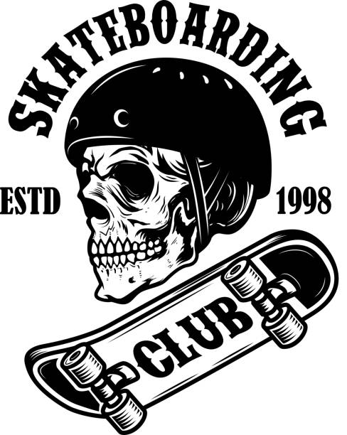 Skateboarding club. Emblem with skull in skateboard helmet. Design element for label, sign, poster. Skateboarding club. Emblem with skull in skateboard helmet. Design element for label, sign, poster. Vector illustration skateboard tattoo stock illustrations