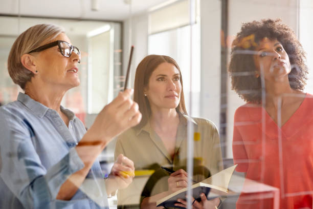 istock Businesswomen discussing plan on glass wall 1130470290