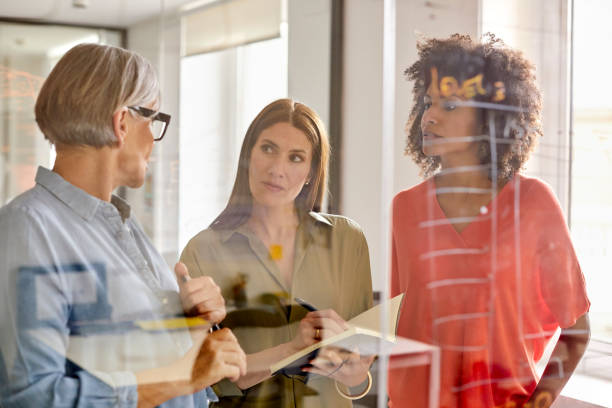 istock Businesswomen discussing plan at glass wall 1130470305
