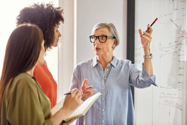 istock Coworkers discussing plan on glass wall in office 1130470336
