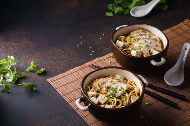 istock Japanese ramen bowl with chicken and tofu. 1130470449