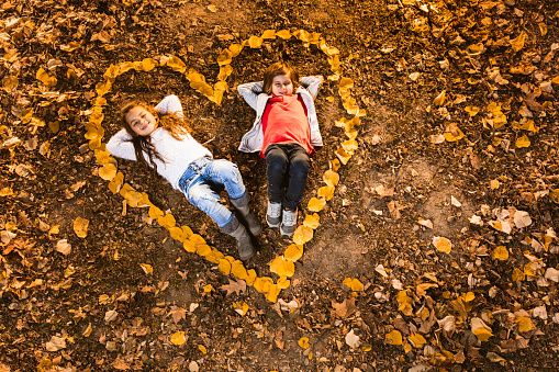 Above view of relaxed little couple lying inside of a heart shape during autumn day in nature. Copy space.
