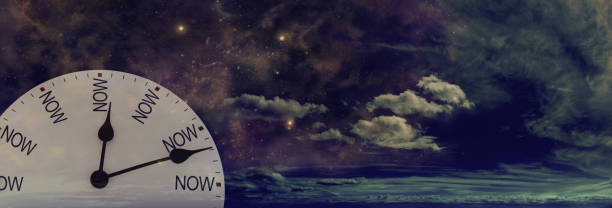 white clock face with NOW replacing the numerals against a cloudy dark night sky background