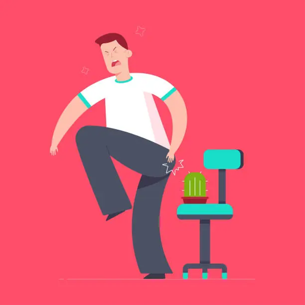 Hemorrhoids vector concept cartoon illustration with man, office chair and cactus. Hemorrhoids vector concept cartoon illustration. Hemorrhoid Pain stock illustrations