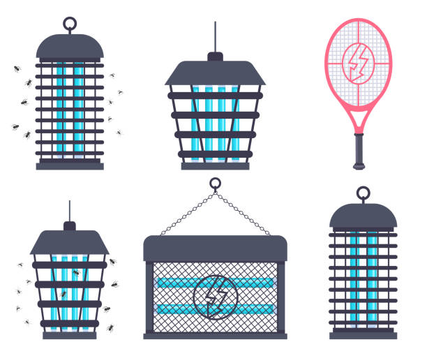 Electric bug zapper, fly swatter racket and mosquito trap vector cartoon flat set isolated on a white background. Electric bug zapper, fly swatter racket and mosquito trap vector set. bug zapper stock illustrations