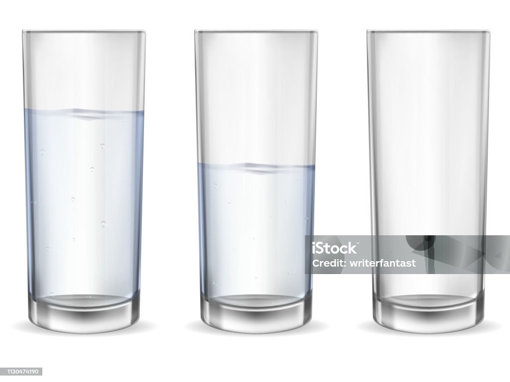 Realistic empty glass with water cup set. Realistic glasses for drinks with water cups set. 3D transparent dishes for water juice, bar drinks and non-alcoholic, alcoholic beverages. Empty, half and full water glasses. Drinking Glass stock vector